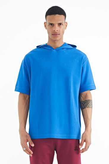 Saks Kapüşonlu Kol Etiket Detaylı Oversize Erkek T-shirt - 88179 