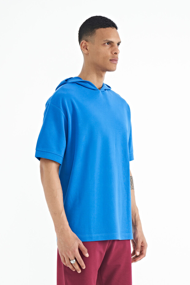 Saks Kapüşonlu Kol Etiket Detaylı Oversize Erkek T-shirt - 88179