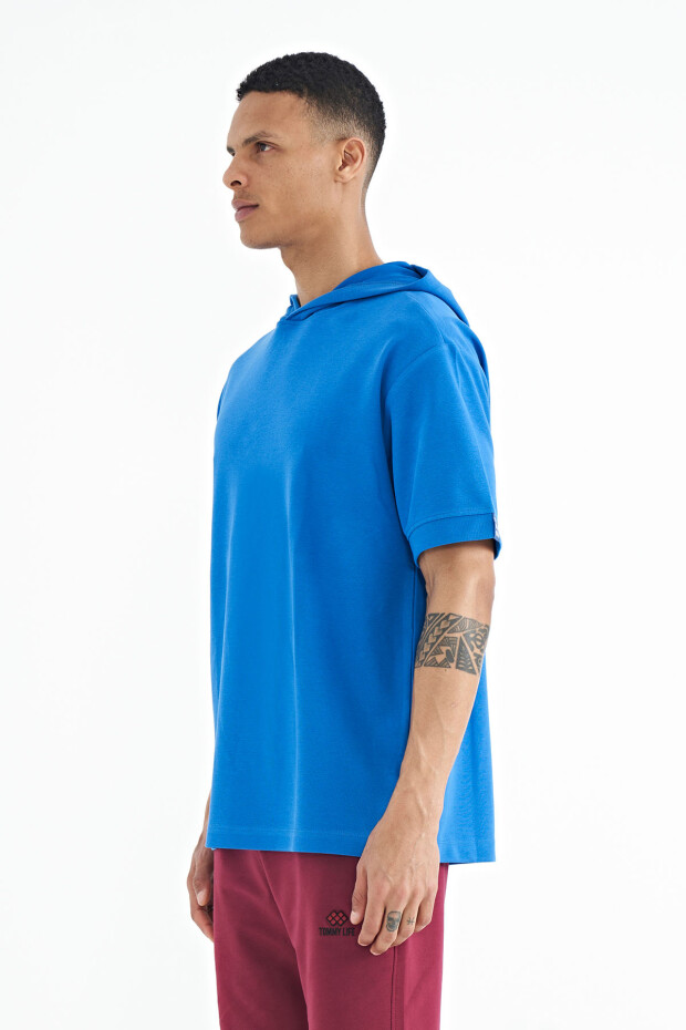 Saks Kapüşonlu Kol Etiket Detaylı Oversize Erkek T-shirt - 88179