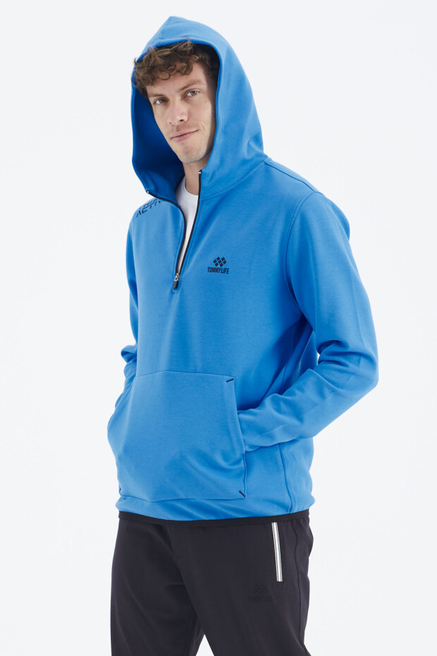 Saks Kapüşonlu Yarım Fermuarlı Cep Detaylı Rahat Kalıp Erkek Sweatshirt - 88281