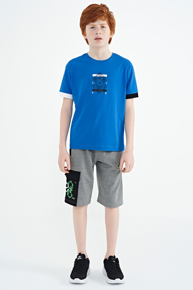 Saks Kol Ucu Renkli Detaylı Baskılı Oversize Erkek Çocuk T-Shirt - 11137