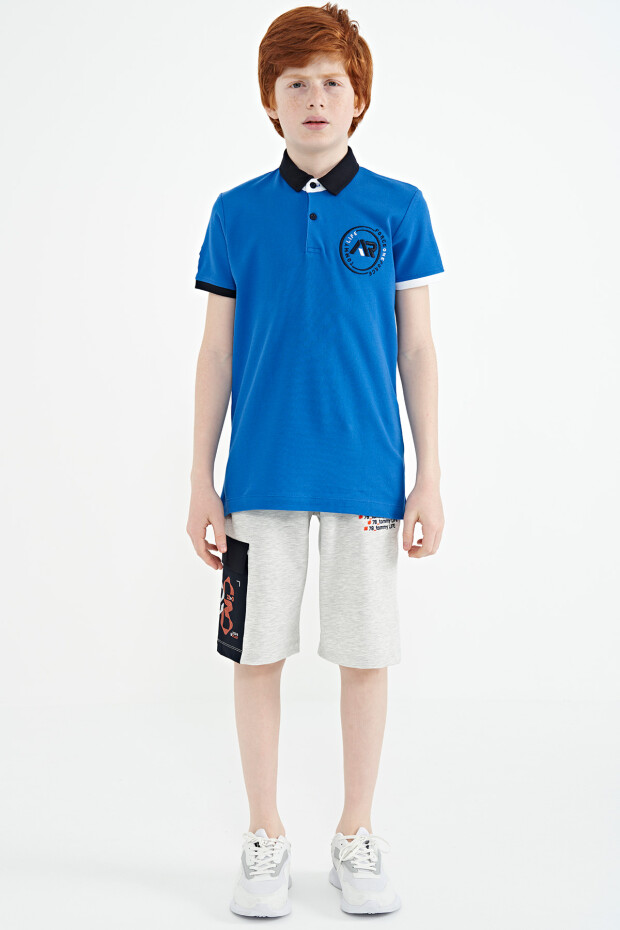 Saks Kol Ucu Renkli Logo Nakışlı Standart Kalıp Polo Yaka Erkek Çocuk T-Shirt - 11138