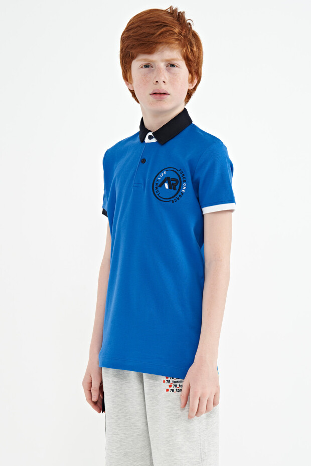 Saks Kol Ucu Renkli Logo Nakışlı Standart Kalıp Polo Yaka Erkek Çocuk T-Shirt - 11138