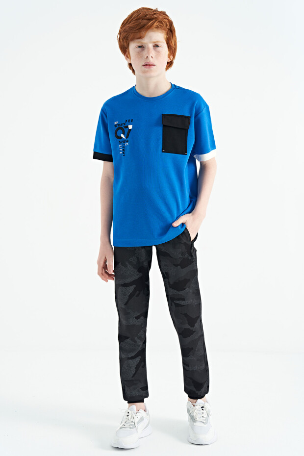 Saks O Yaka Oversize Cep Detaylı Erkek Çocuk T-Shirt - 11152