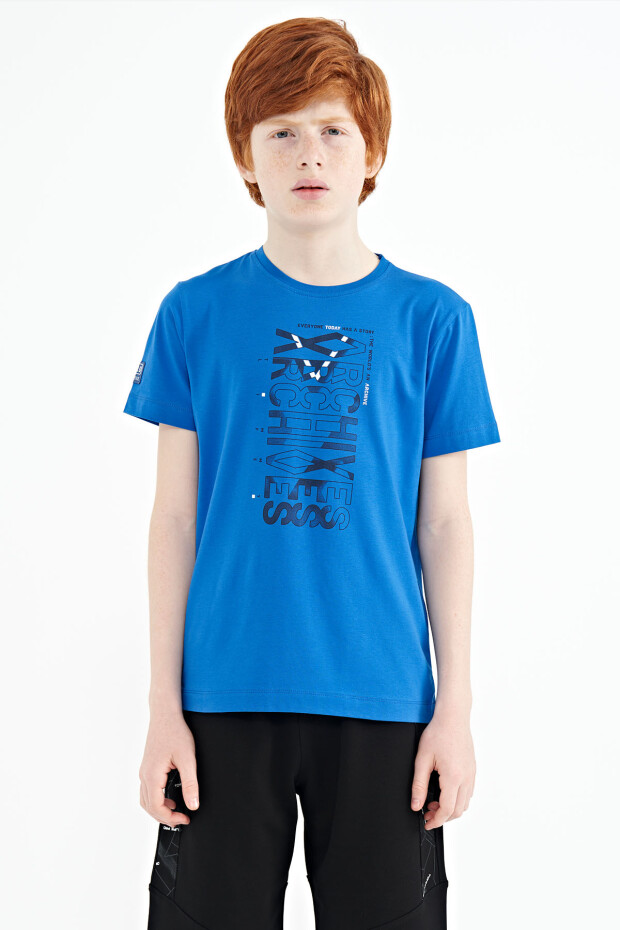 Saks Ön Baskı Detaylı O Yaka Standart Kalıp Erkek Çocuk T-Shirt - 11099