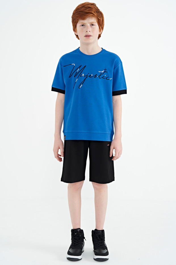 Saks Ön Yazı Nakışlı O Yaka Oversize Erkek Çocuk T-Shirt - 11147