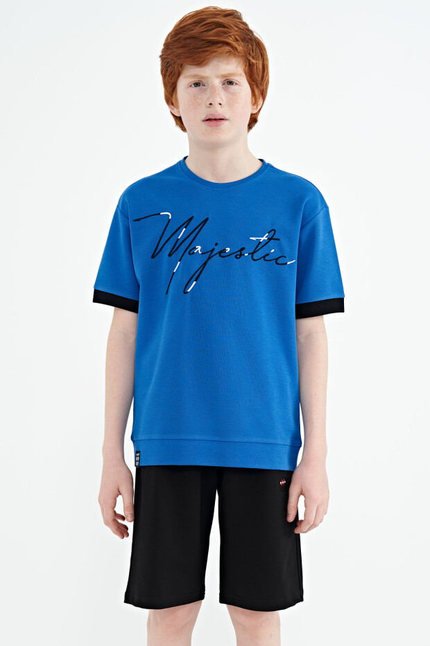 Saks Ön Yazı Nakışlı O Yaka Oversize Erkek Çocuk T-Shirt - 11147