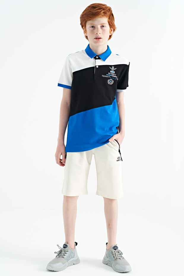 Saks Renk Bloklu Nakış Detaylı Standart Kalıp Polo Yaka Erkek Çocuk T-Shirt - 11088