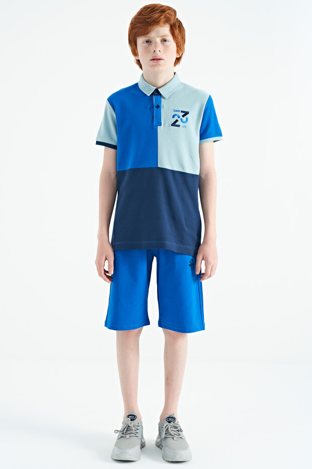 Saks Renk Bloklu Nakış Detaylı Standart Kalıp Polo Yaka Erkek Çocuk T-Shirt - 11108
