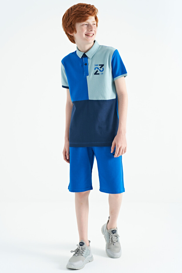 Saks Renk Bloklu Nakış Detaylı Standart Kalıp Polo Yaka Erkek Çocuk T-Shirt - 11108