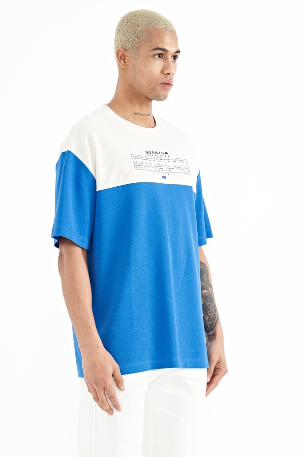 Saks Renk Geçişli Baskı Detaylı O Yaka Oversize Erkek T-shirt - 88225