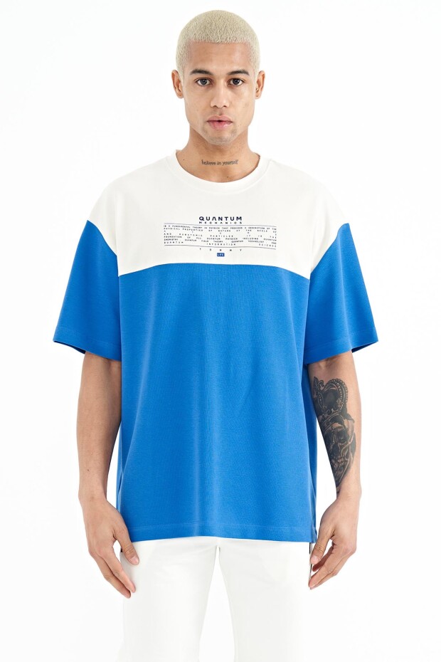 Saks Renk Geçişli Baskı Detaylı O Yaka Oversize Erkek T-shirt - 88225