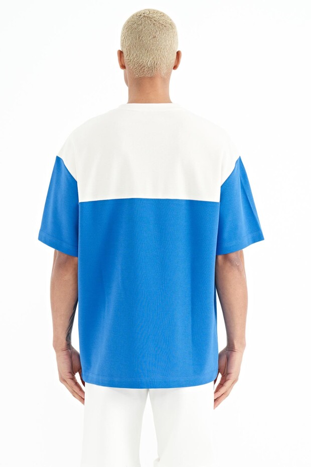 Saks Renk Geçişli Baskı Detaylı O Yaka Oversize Erkek T-shirt - 88225