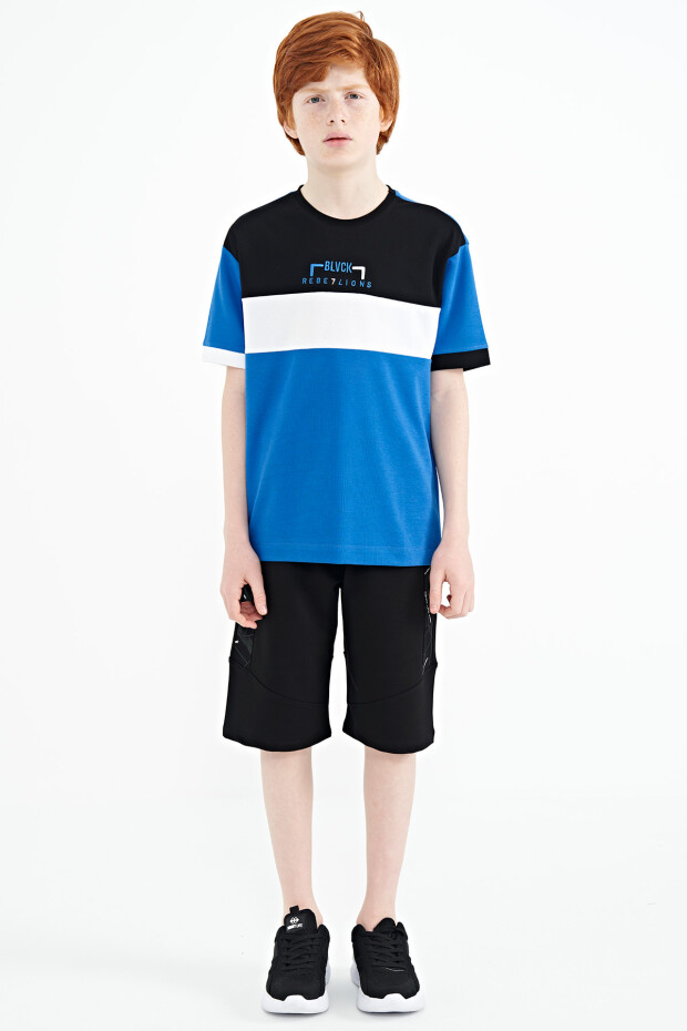 Saks Renk Geçişli Nakışlı Oversize Erkek Çocuk T-Shirt - 11159 - 2