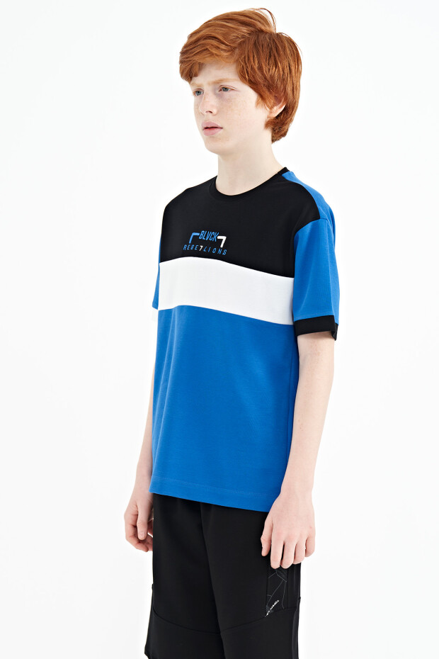 Saks Renk Geçişli Nakışlı Oversize Erkek Çocuk T-Shirt - 11159 - 6