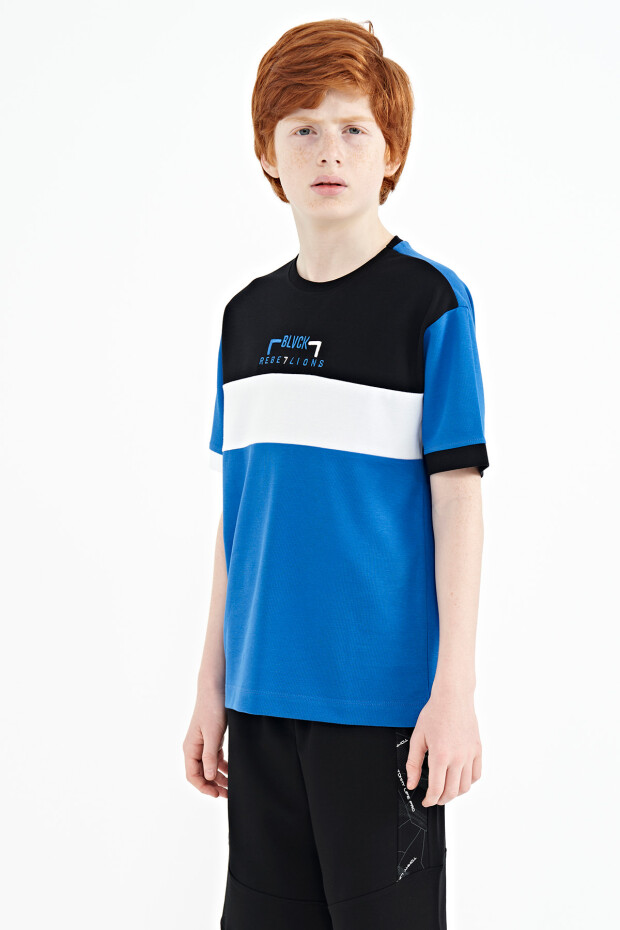 Saks Renk Geçişli Nakışlı Oversize Erkek Çocuk T-Shirt - 11159 - 7