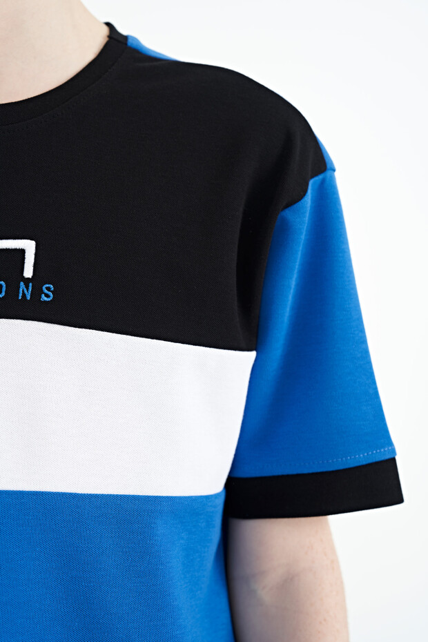 Saks Renk Geçişli Nakışlı Oversize Erkek Çocuk T-Shirt - 11159 - 3