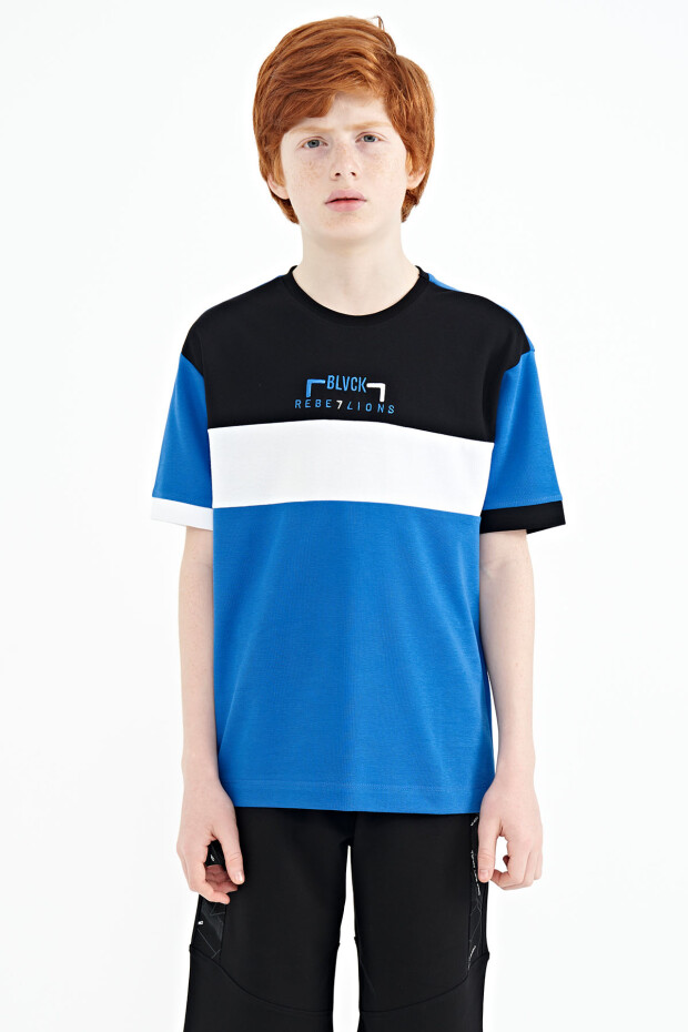 Saks Renk Geçişli Nakışlı Oversize Erkek Çocuk T-Shirt - 11159