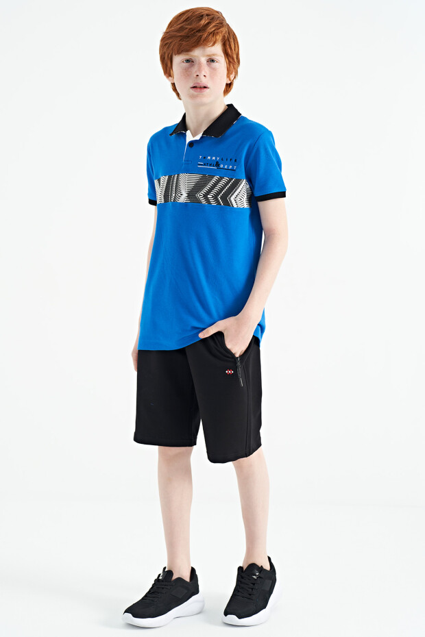 Saks Şerit Baskı Detaylı Pola Yaka Standart Kalıp Erkek Çocuk T-Shirt - 11162