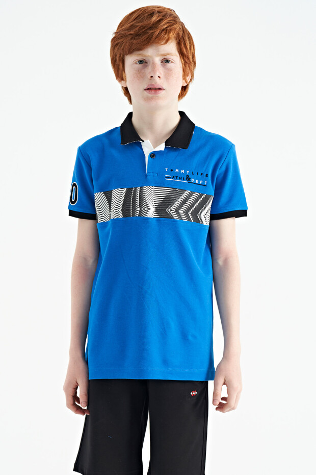 Saks Şerit Baskı Detaylı Pola Yaka Standart Kalıp Erkek Çocuk T-Shirt - 11162