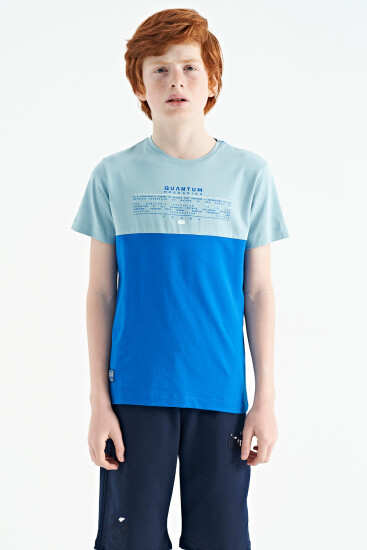 Saks Yazı Baskılı Renk Bloklu Standart Kalıp O Yaka Erkek Çocuk T-Shirt - 11134 
