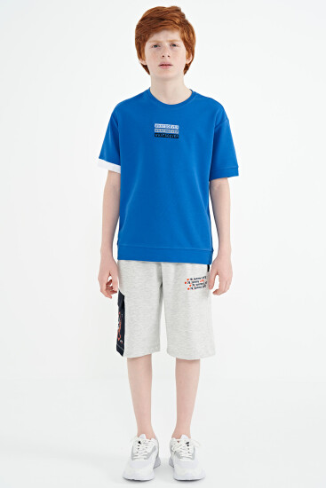 Saks Yazı Nakışlı O Yaka Oversize Erkek Çocuk T-Shirt - 11146 