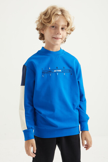 Saks Yazı Nakışlı Şerit Detaylı O Yaka Standart Kalıp Erkek Çocuk Sweatshirt - 11024 