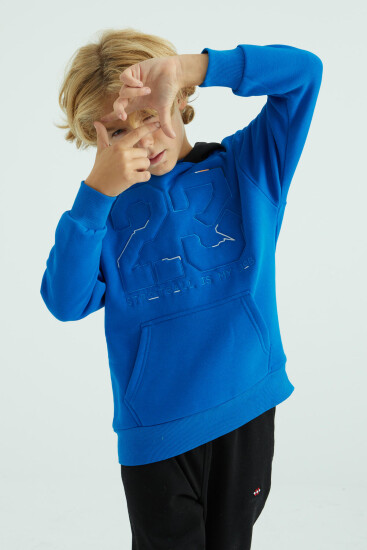 Saks Yazı Ve Omuz Nakışlı Kapüşonlu Standart Kalıp Erkek Çocuk Sweatshirt - 11027 