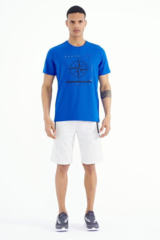 Saks Yazı ve Pusula Baskılı Standart Kalıp O Yaka Erkek T-Shirt - 88173