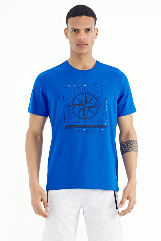 Saks Yazı ve Pusula Baskılı Standart Kalıp O Yaka Erkek T-Shirt - 88173