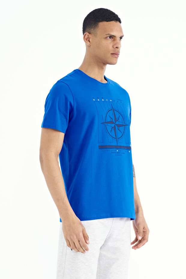 Saks Yazı ve Pusula Baskılı Standart Kalıp O Yaka Erkek T-Shirt - 88173