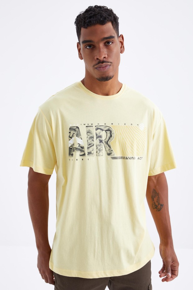 Sarı Air Baskılı O Yaka Erkek Oversize T-Shirt - 88097