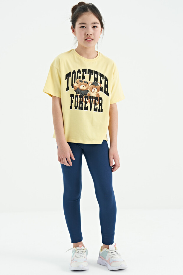 Sarı Ayıcık Baskılı O Yaka Oversize Kısa Kol Kız Çocuk T-Shirt - 75116