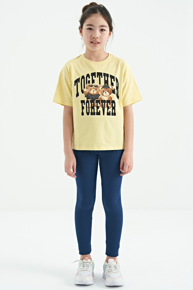 Sarı Ayıcık Baskılı O Yaka Oversize Kısa Kol Kız Çocuk T-Shirt - 75116