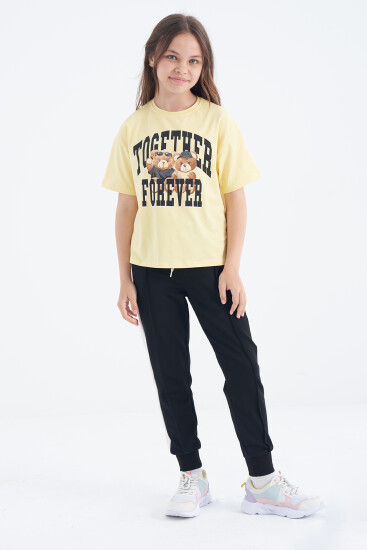 Sarı Ayıcık Baskılı O Yaka Oversize Kısa Kol Kız Çocuk T-Shirt - 75116 