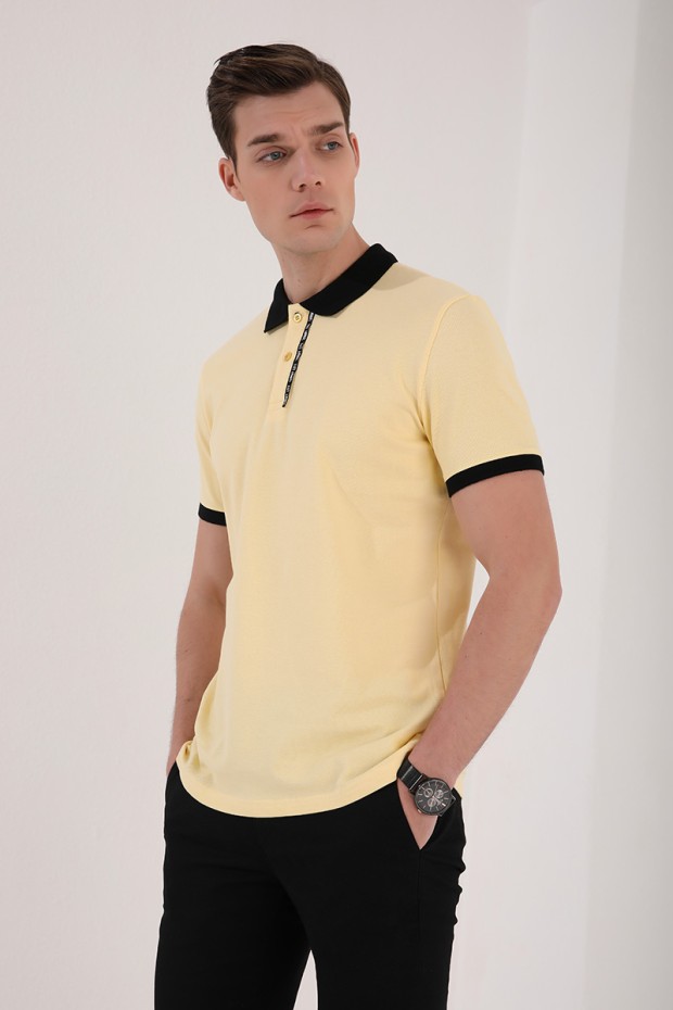 Sarı Basic Çift Düğmeli Standart Kalıp Polo Yaka Erkek T-Shirt - 87944