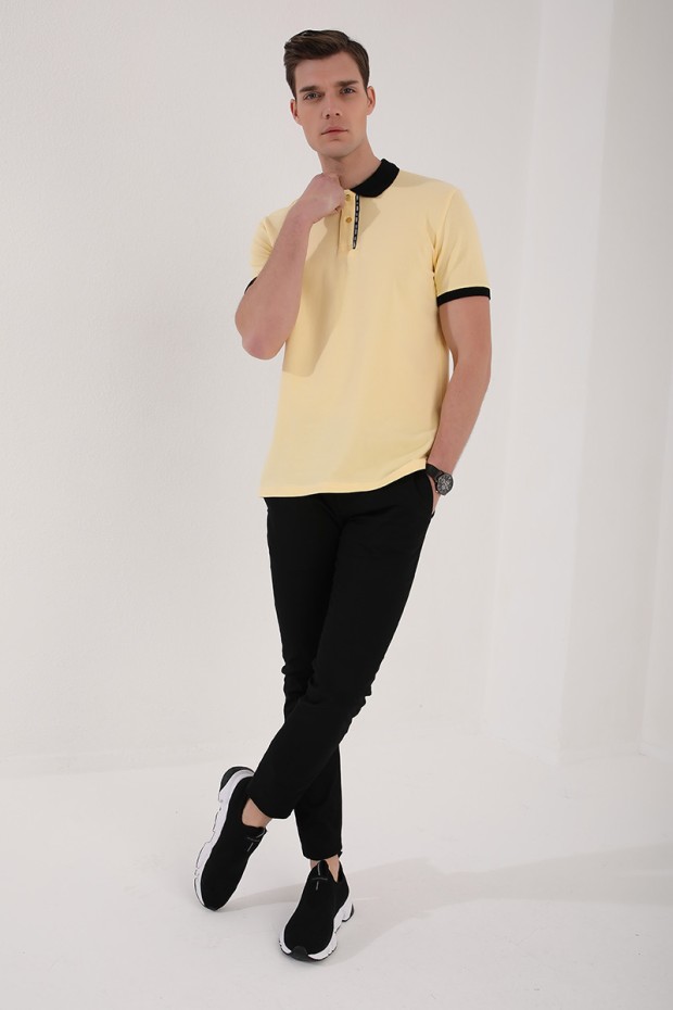 Sarı Basic Çift Düğmeli Standart Kalıp Polo Yaka Erkek T-Shirt - 87944