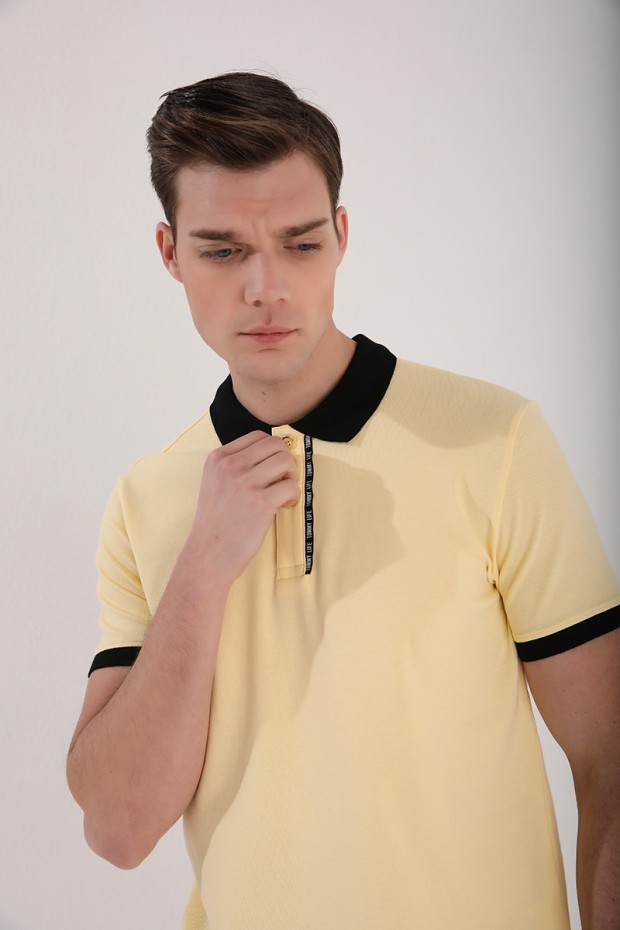 Sarı Basic Çift Düğmeli Standart Kalıp Polo Yaka Erkek T-Shirt - 87944