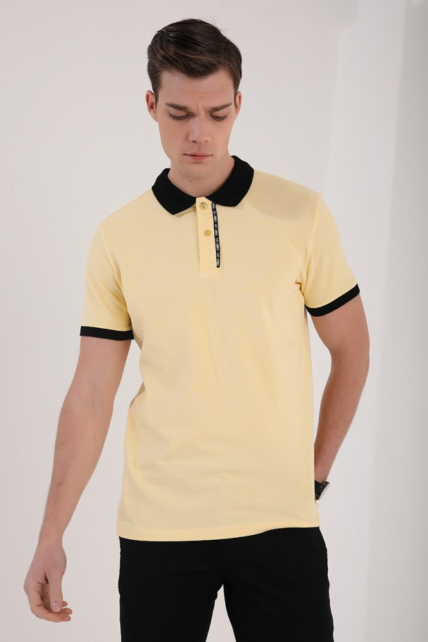 Sarı Basic Çift Düğmeli Standart Kalıp Polo Yaka Erkek T-Shirt - 87944