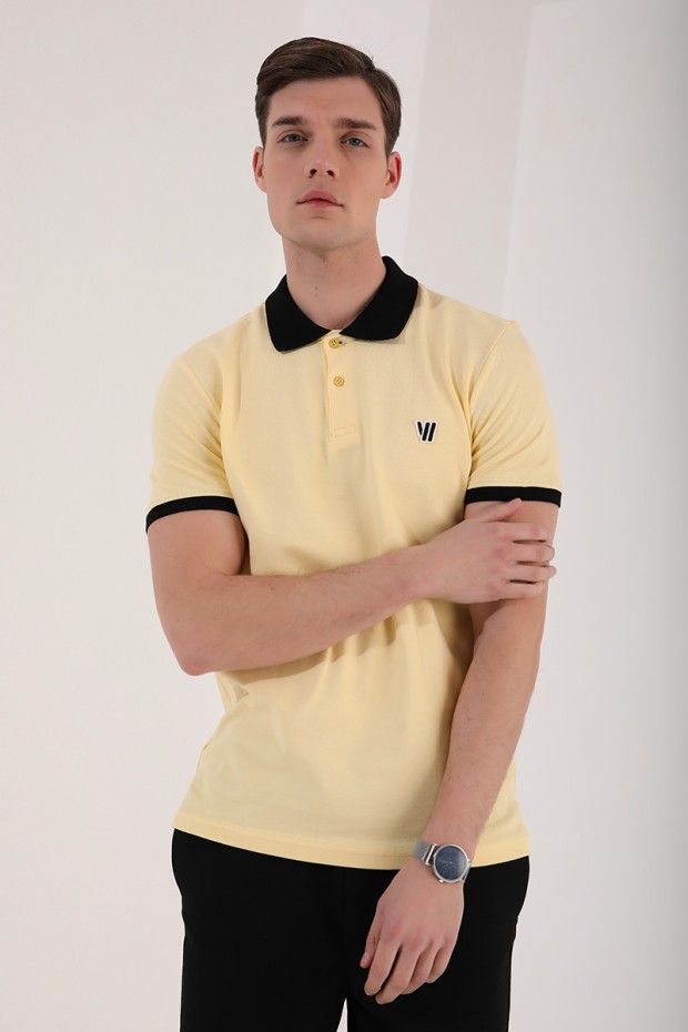 Sarı Basic Göğüs Logolu Standart Kalıp Polo Yaka Erkek T-Shirt - 87938