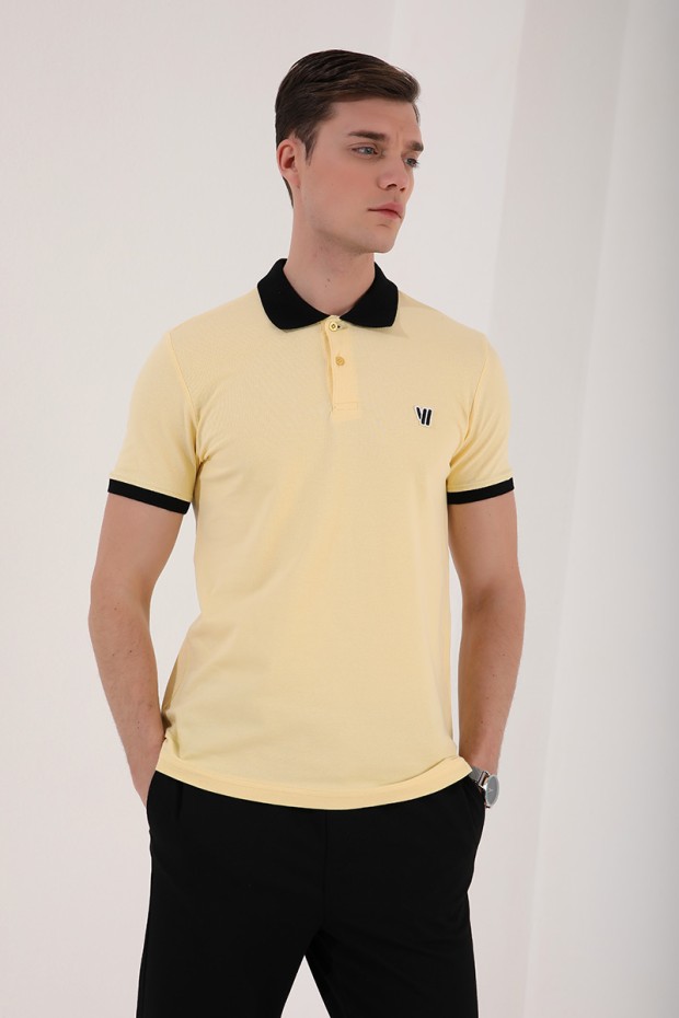 Sarı Basic Göğüs Logolu Standart Kalıp Polo Yaka Erkek T-Shirt - 87938