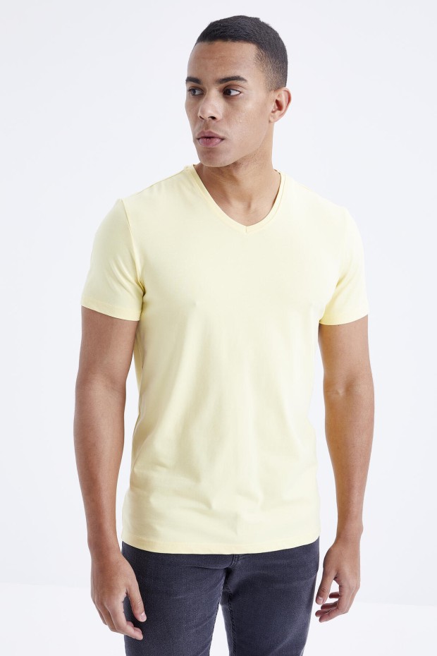 Sarı Basic Kısa Kol Standart Kalıp V Yaka Erkek T-Shirt - 87912
