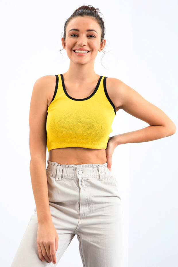 Sarı Basic Sıfır Kol Dar Kalıp U Yaka Kadın Crop Top Atlet - 97162 - 5