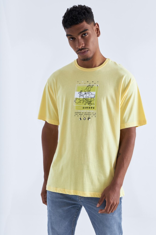 Sarı Baskı Detaylı O Yaka Erkek Oversize T-Shirt - 88094