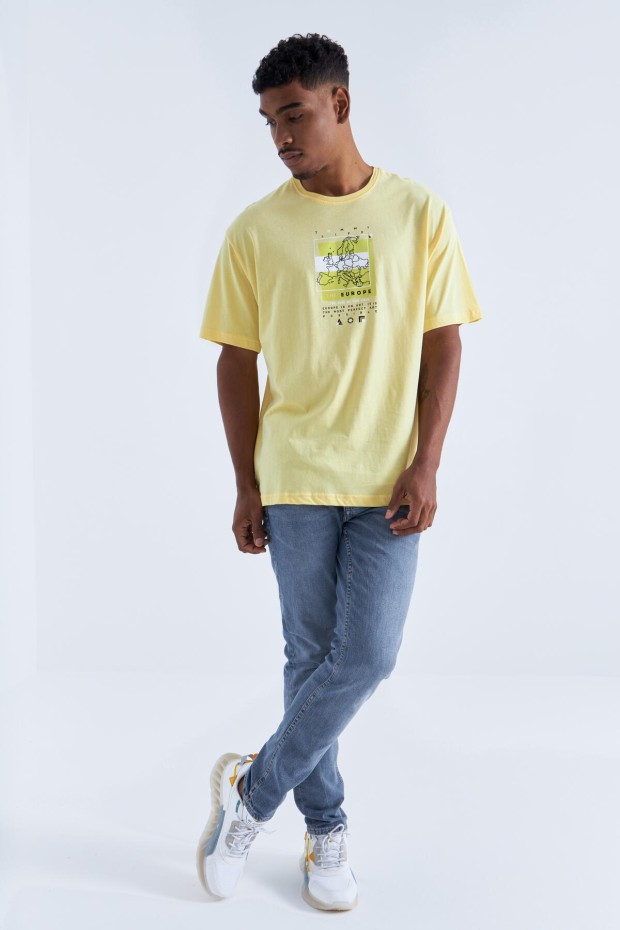 Sarı Baskı Detaylı O Yaka Erkek Oversize T-Shirt - 88094