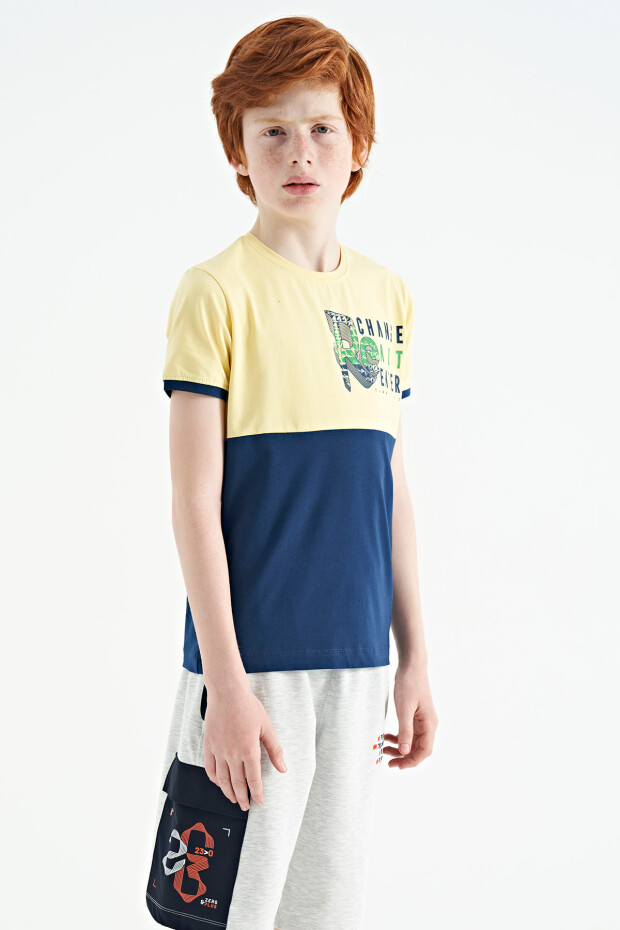 Sarı Baskı Detaylı Renk Bloklu Standart Kalıp O Yaka Erkek Çocuk T-Shirt - 11107