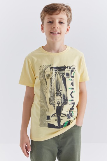 Sarı Baskılı Kısa Kol Standart Kalıp O Yaka Erkek Çocuk T-Shirt - 10866 