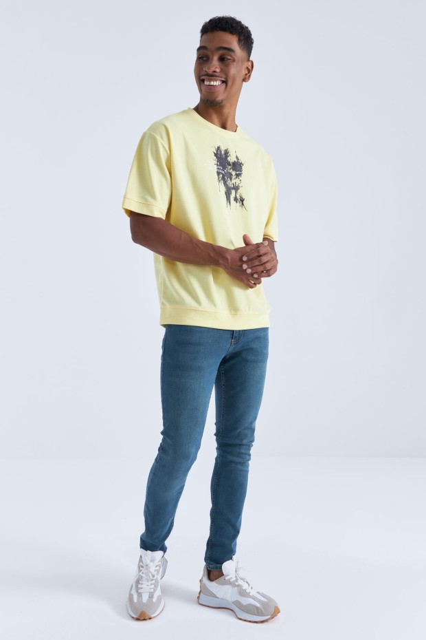 Sarı Baskılı Yazı Nakışlı O Yaka Erkek Oversize T-Shirt - 88105