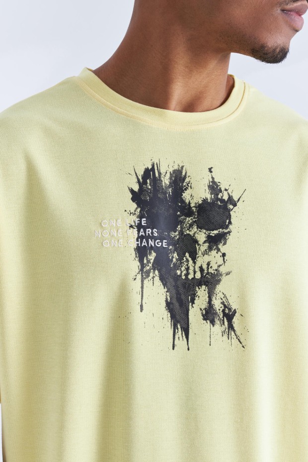 Sarı Baskılı Yazı Nakışlı O Yaka Erkek Oversize T-Shirt - 88105
