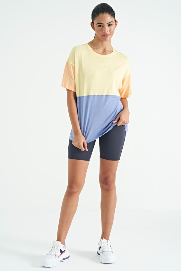 Sarı Çok Renkli O Yaka Oversize Kadın Basic T-Shirt - 02309